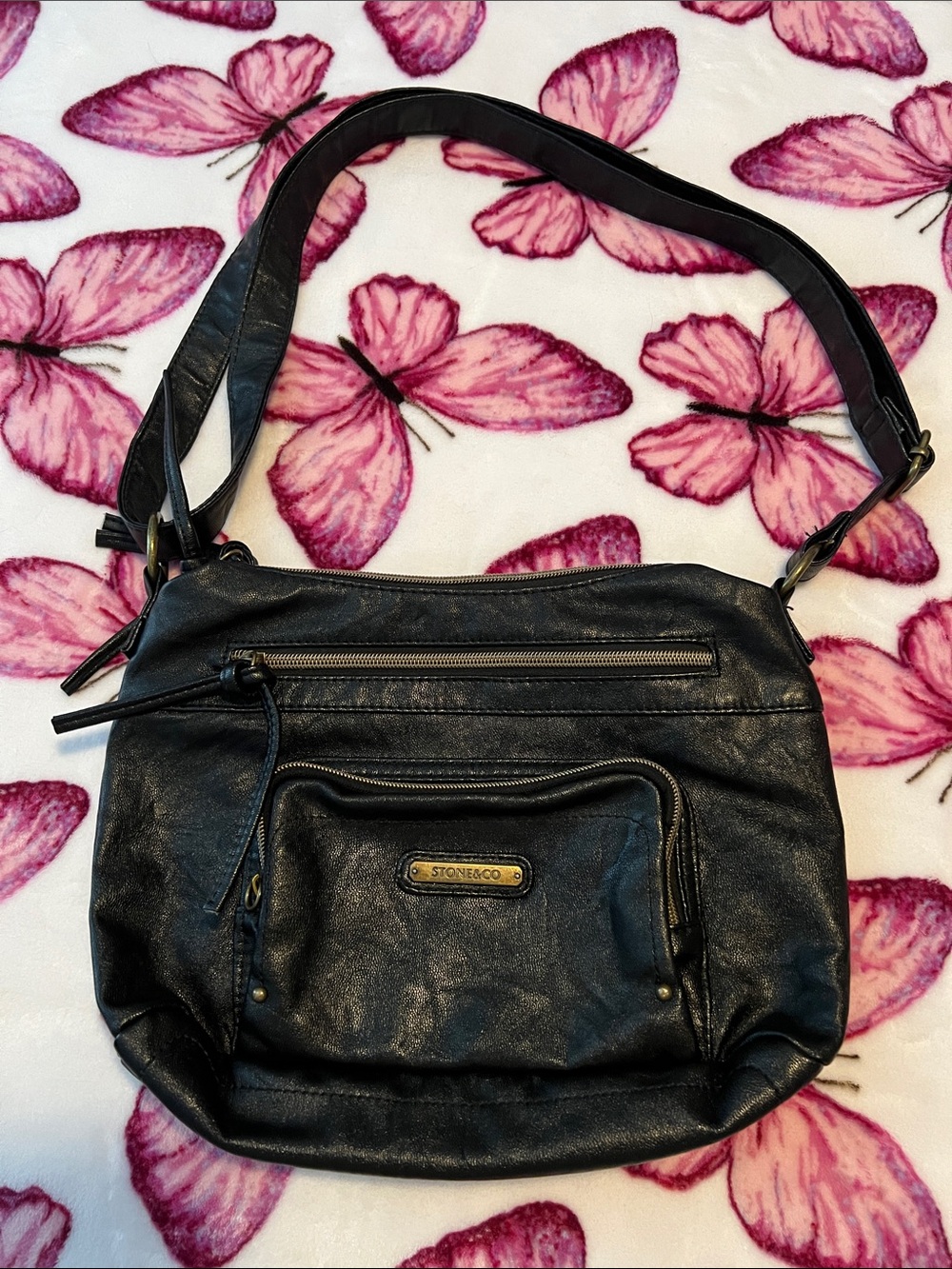 Stone & Co. Black Leather Shoulder Bag with Front Zip Pocket